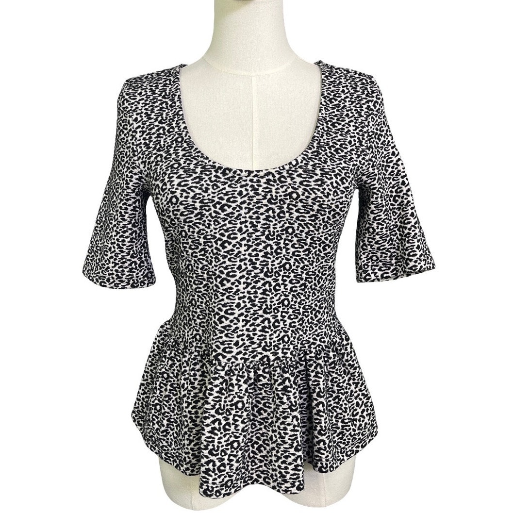 Maeve Leopard Print Peplum Top Black White Scoop Neck Stretch Knit Small Nwt